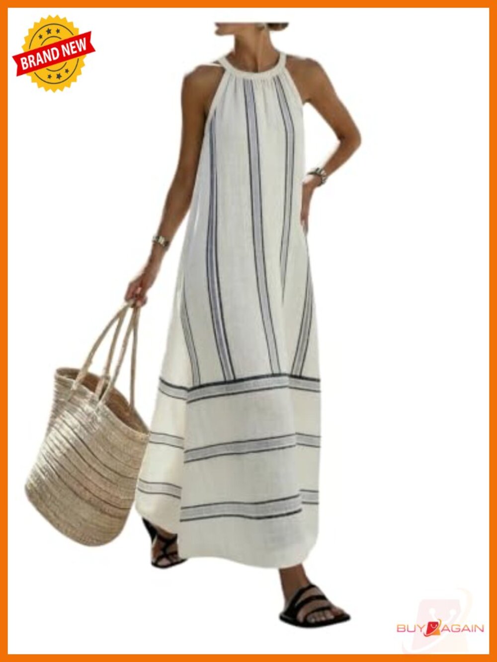 Striped Halter Maxi Dress Sleeveless A-Line Summer Vacation